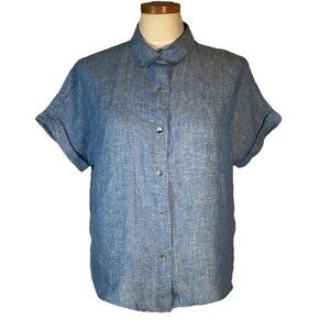 TAHARI Linen Button Up Short Sleeves Blouse Medium NEW NWT Chambray Look Beach